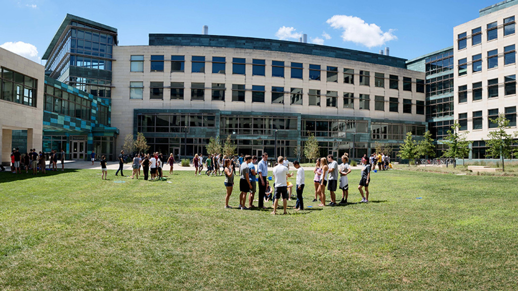 A campus visual from the Carver College of Medicine outdoor lawn space.